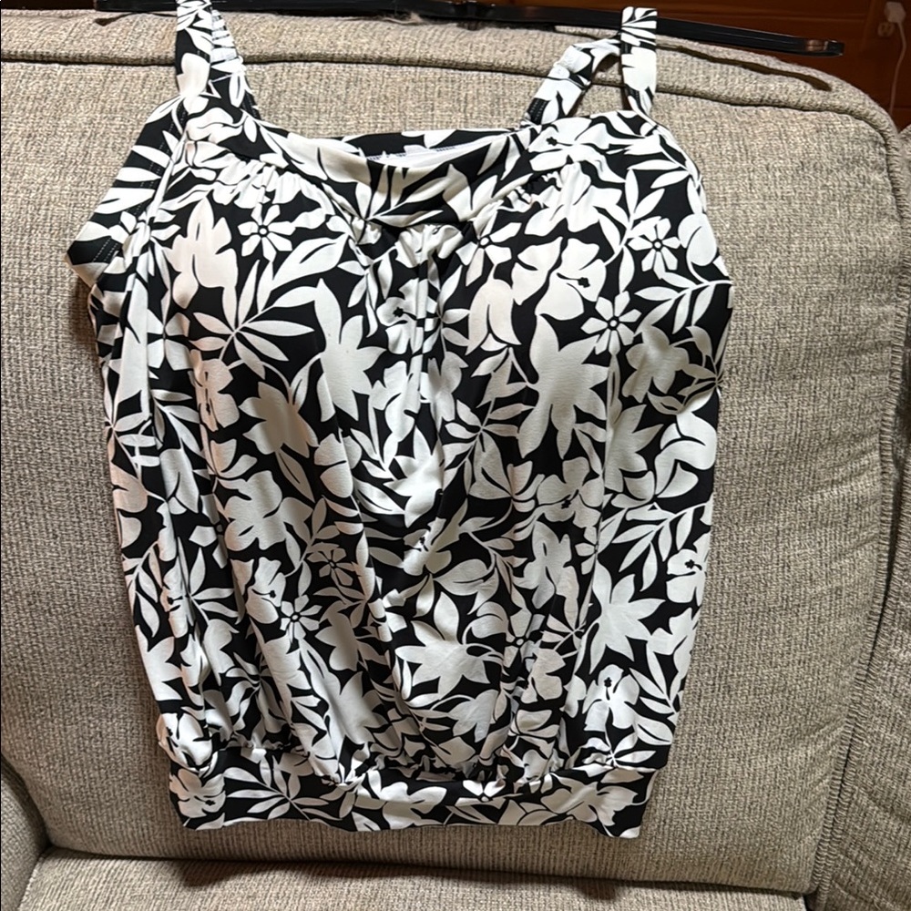 Lands' End Black and White Ruched Camisole Swim Top